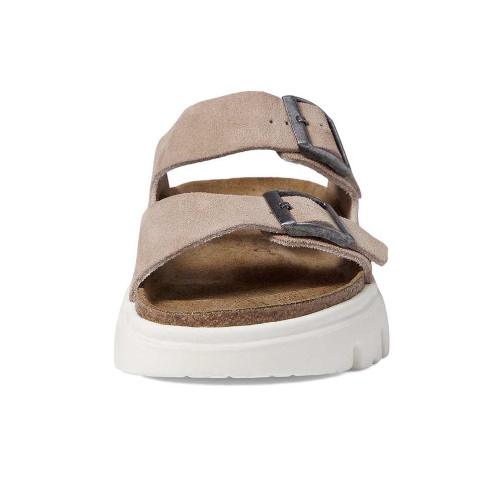 NWT Taupe Suede Double-Buckle Arizona Platform Slide Sandal.